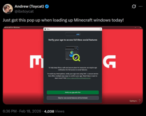 First image conformation of Mojang enforcing age verification in the UK for Minecraft (Java & Bedrock)...