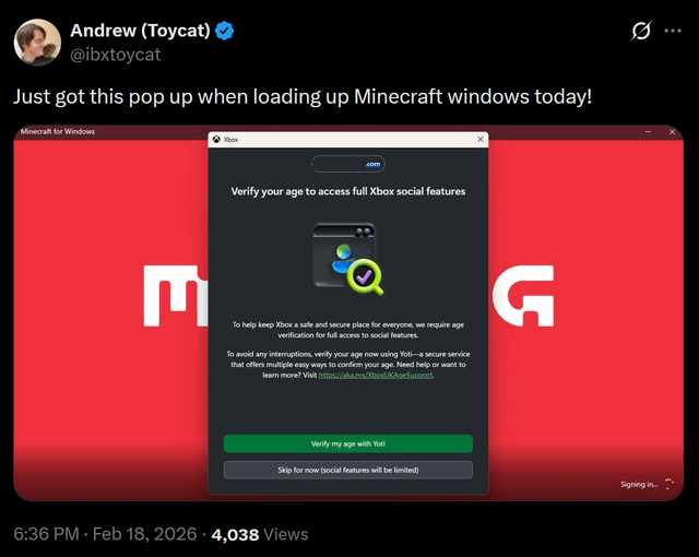First image conformation of Mojang enforcing age verification in the UK for Minecraft (Java & Bedrock)...