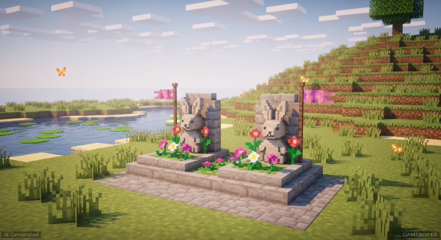 Small memorial I made in a Minecraft World I'm working on for me and my families two bunnies
