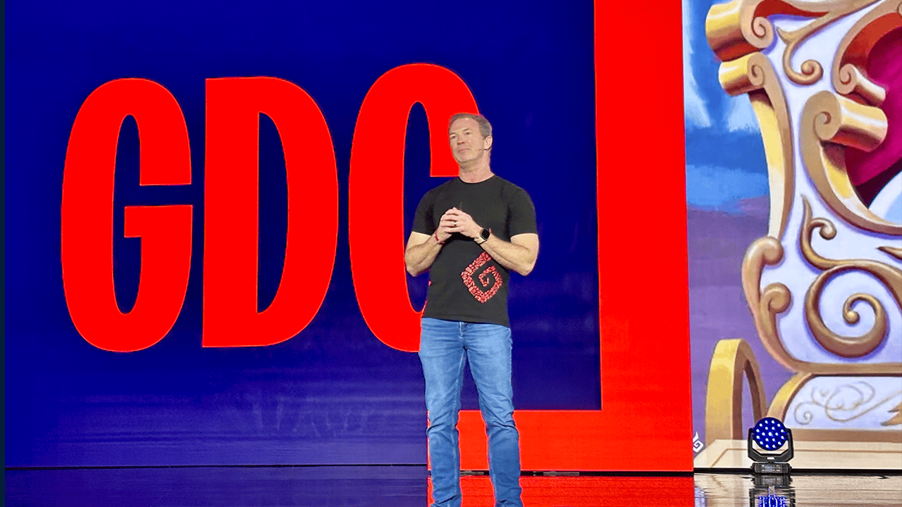 Rob Pardo delivering a keynote on stage at GDC Festival of Gaming