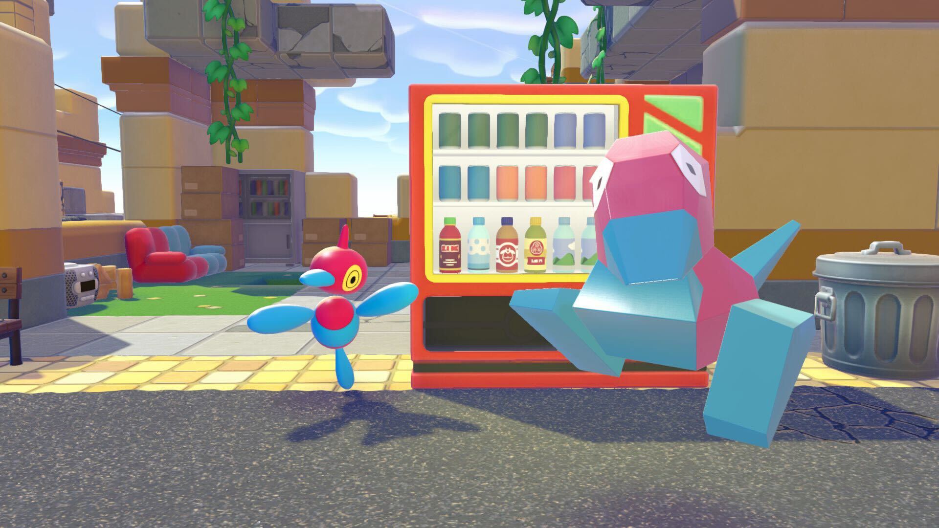 A screenshot from Pokopia showing Porygon, the highly polygonal first-generation Pokémon, next to one of its evolutions, the higher-tech Porygon-Z.