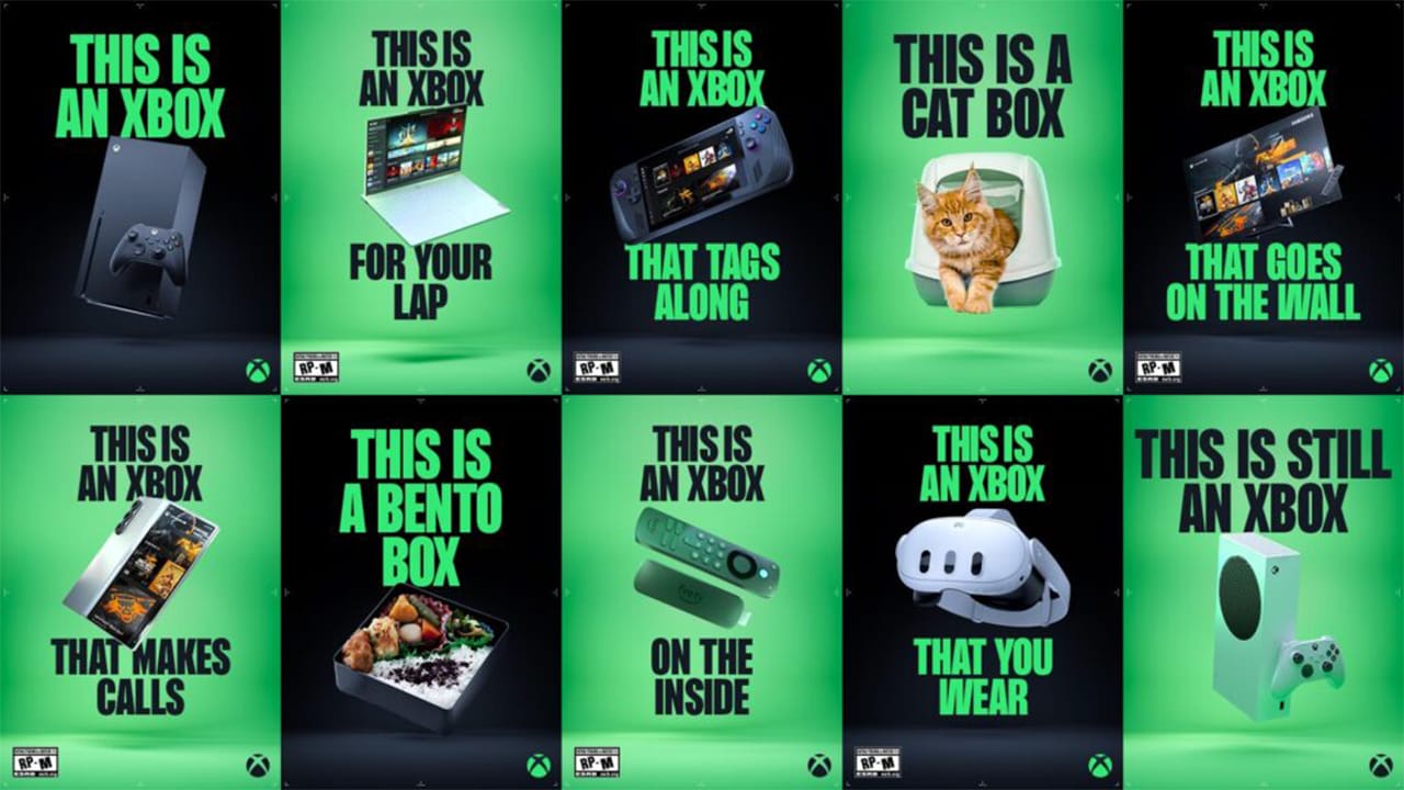 A promotional poster for the 'This is an Xbox' marketing campaign featuring those four words overlaid on numerous devices
