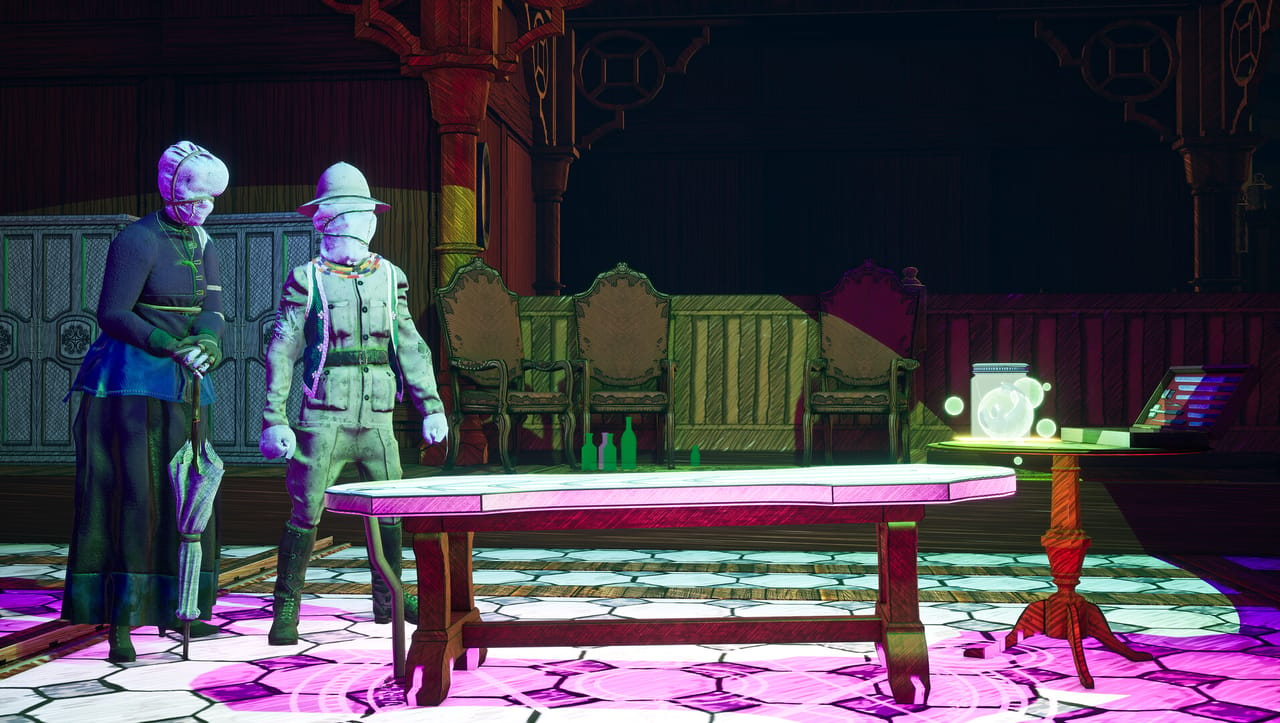 Spooky characters from Alice's Lullaby next to a table