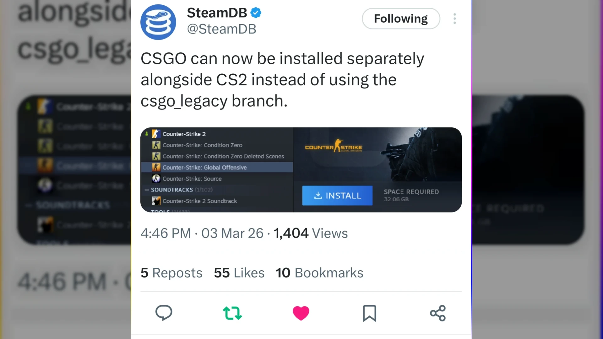 CSGO can now be installed separately alongside CS2 instead of using the csgo_legacy branch. [per SteamDB]