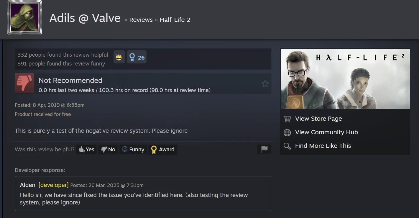 A Valve employee reviewed Half-Life 2 as "Not Recommended" for a "test"