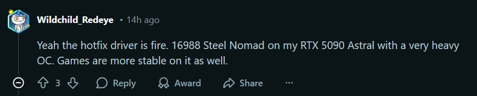 Reddit Wildchild_Redeye RTX 5090 Steel Nomad 16,988점