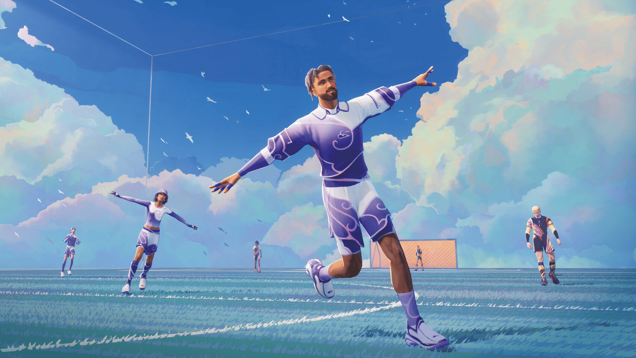 A player character runs around with their arms extended in Rematch, other players stand behind them.