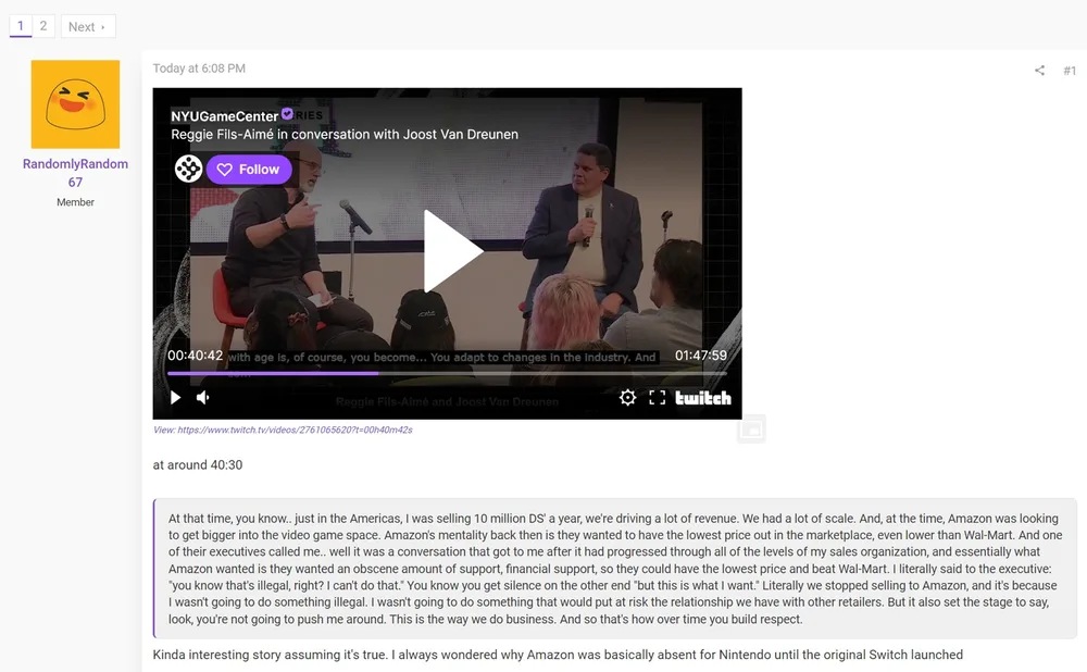 Reggie Fils-Aimé interview with Amazon comments shown