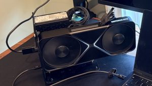 M5 Max MacBook Pro paired with RTX 5090 in an eGPU dock — runs Cyberpunk 2077 at over 100 FPS at max settings with frame generation