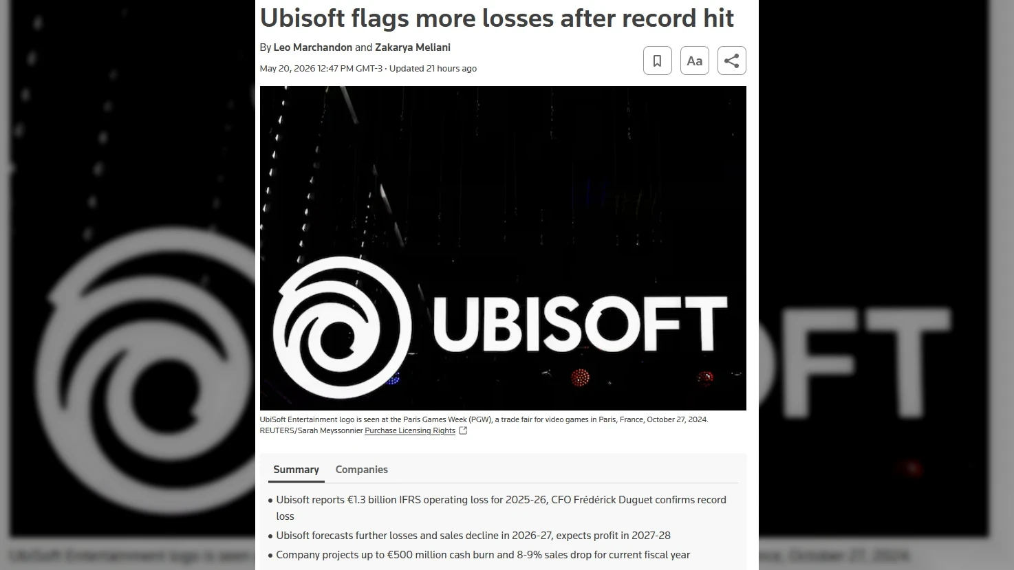 Ubisoft has announced a record €1.3 billion operating loss for its fiscal year ending March 2026