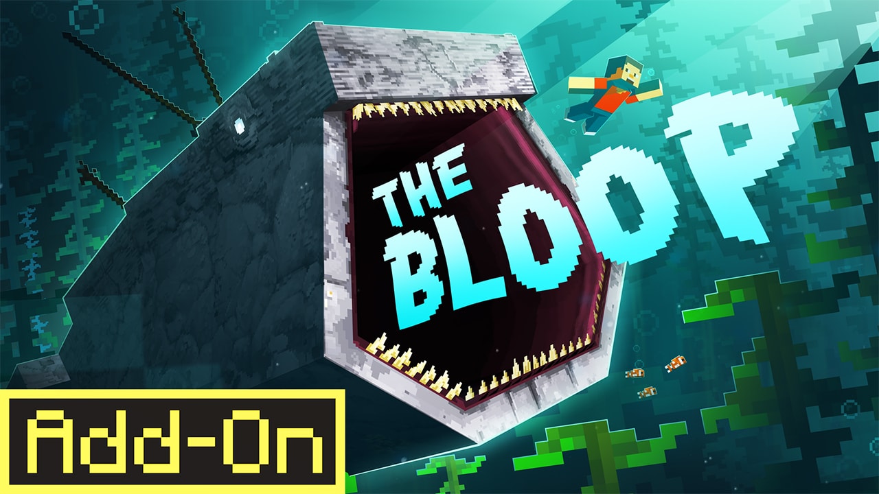 The Bloop add-on key art depicting a colossal sea creature opening its jaws beneath the ocean as a player swims nearby.