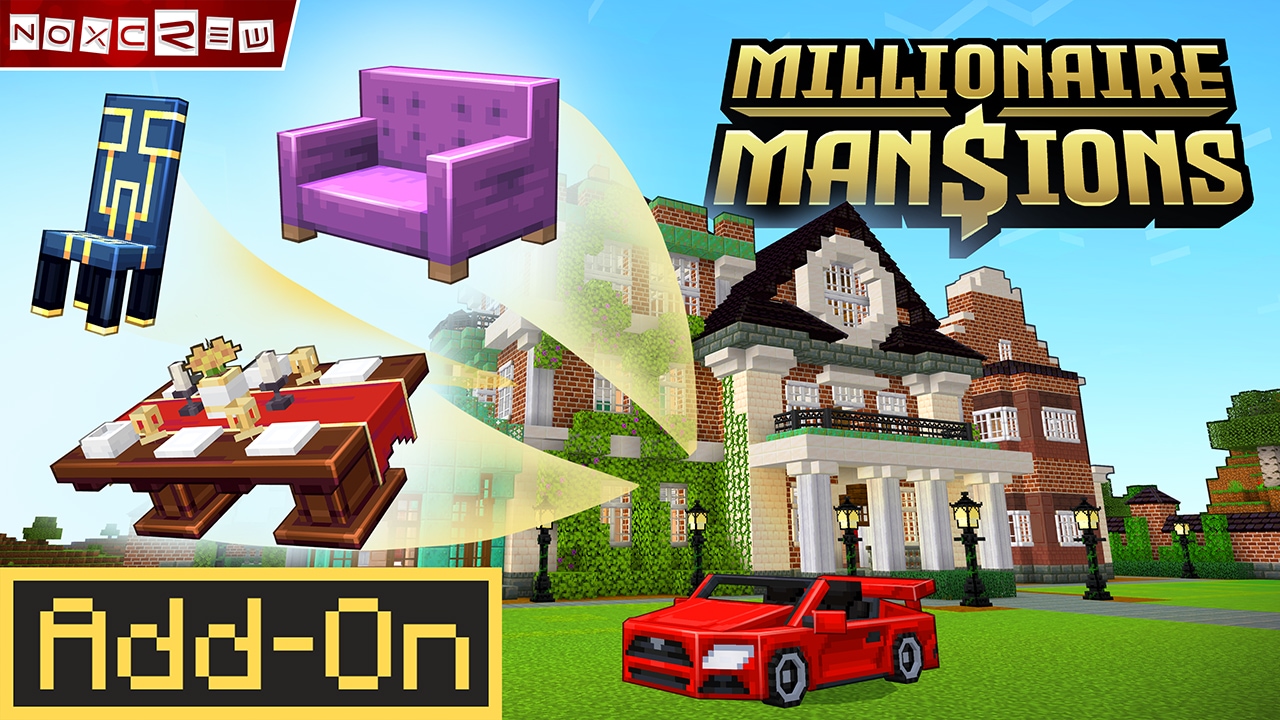 Millionaire Mansions add-on key art showing a luxury mansion, sports car, furniture, and decorative items available in the add-on.