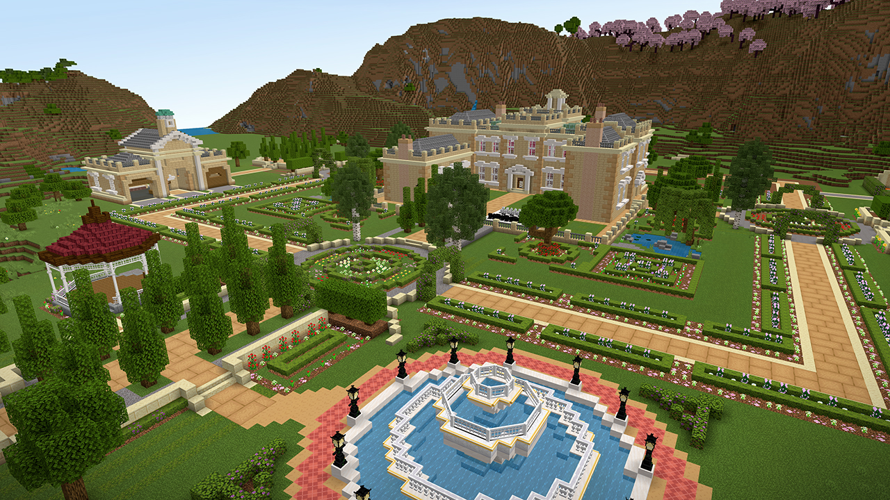 Grand mansion estate with formal gardens, fountains, pathways, and landscaped grounds from Millionaire Mansions.