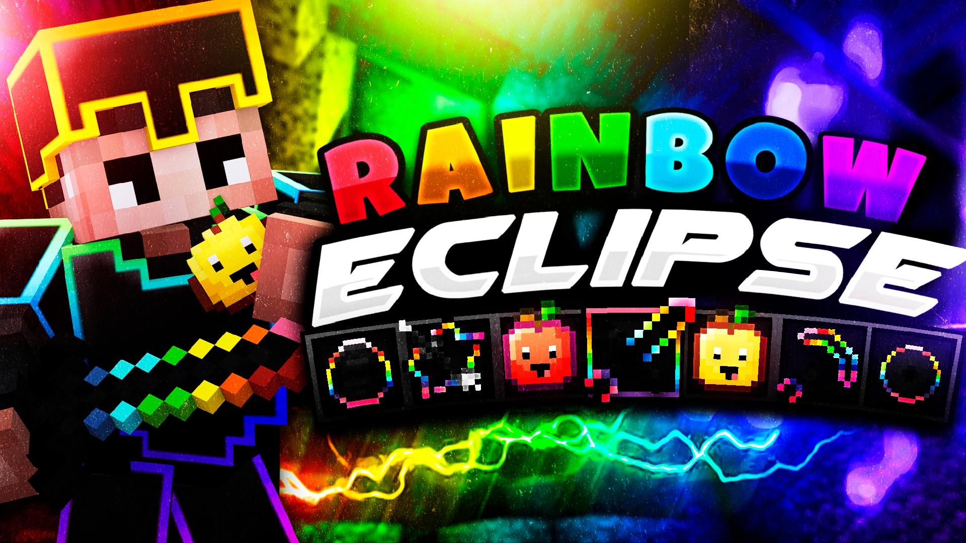 Rainbow Eclipse key art featuring a character with rainbow-themed gear and colorful cosmetic effects and items.