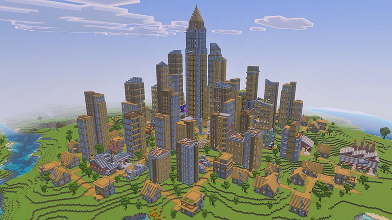 Expanded Minecraft village transformed into a modern city with tall skyscrapers, dense housing, and urban infrastructure.