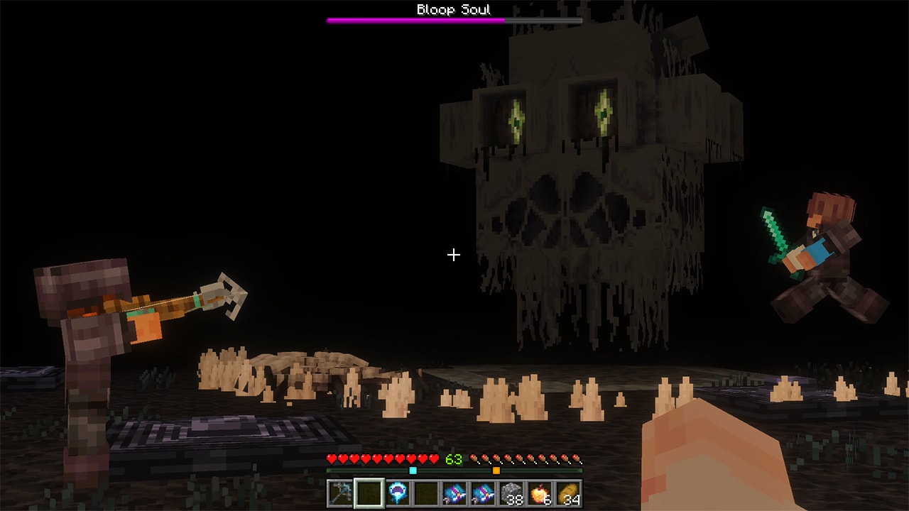 Players battle the Bloop Soul boss in a dark arena, facing a ghostly creature with glowing eyes and a visible boss health bar.