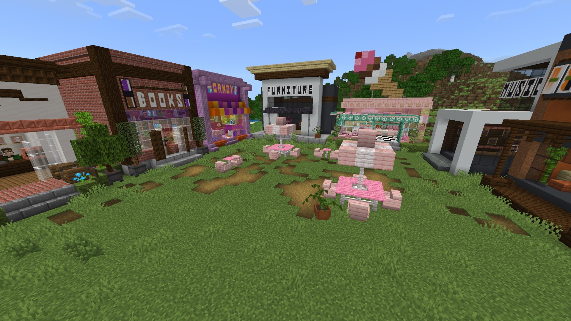 Colorful shopping district with bookshop, candy store, furniture shop, and outdoor seating area from the Cute Shops add-on.