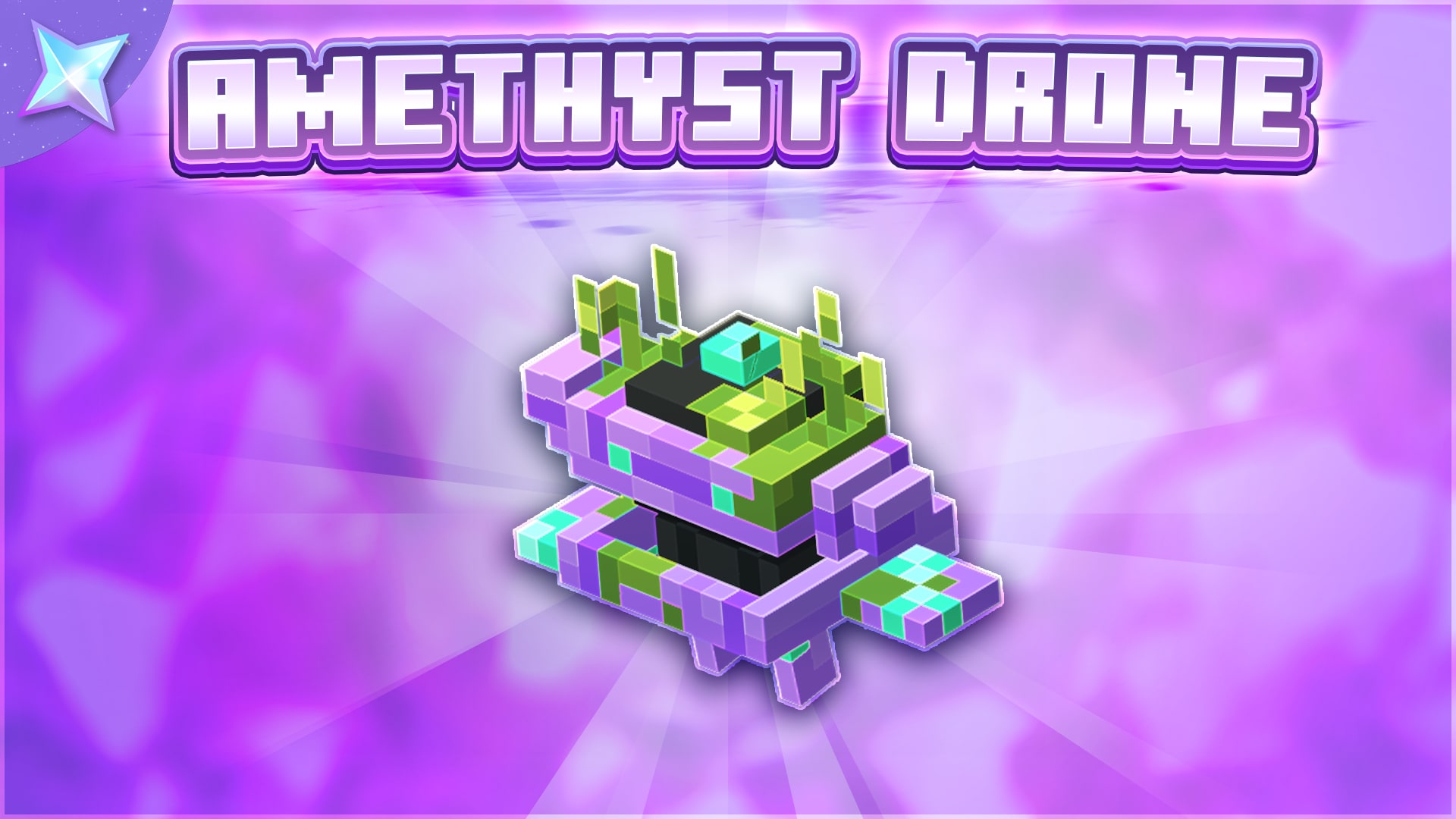 Minecraft Amethyst Drone promotional image featuring a purple-and-green floating drone against a glowing amethyst-themed background.