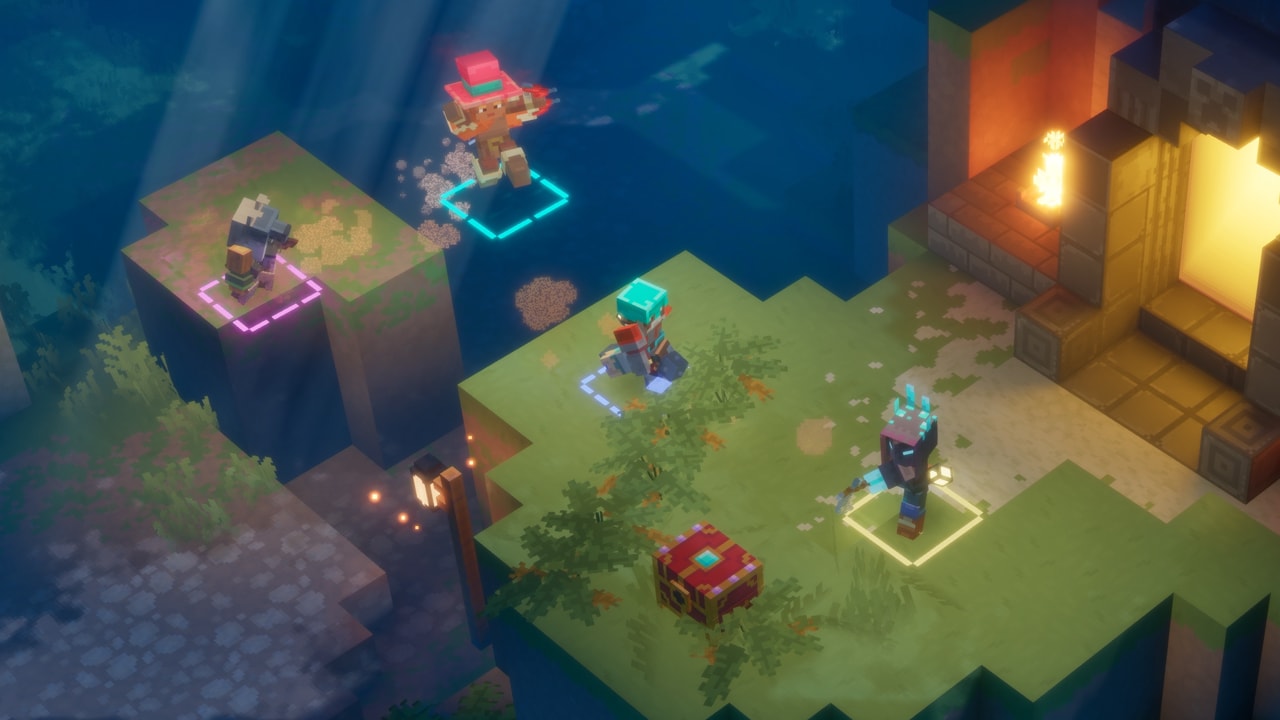 A Minecraft Dungeons II screenshot depicting four characters jumping between platforms to reach a chest.
