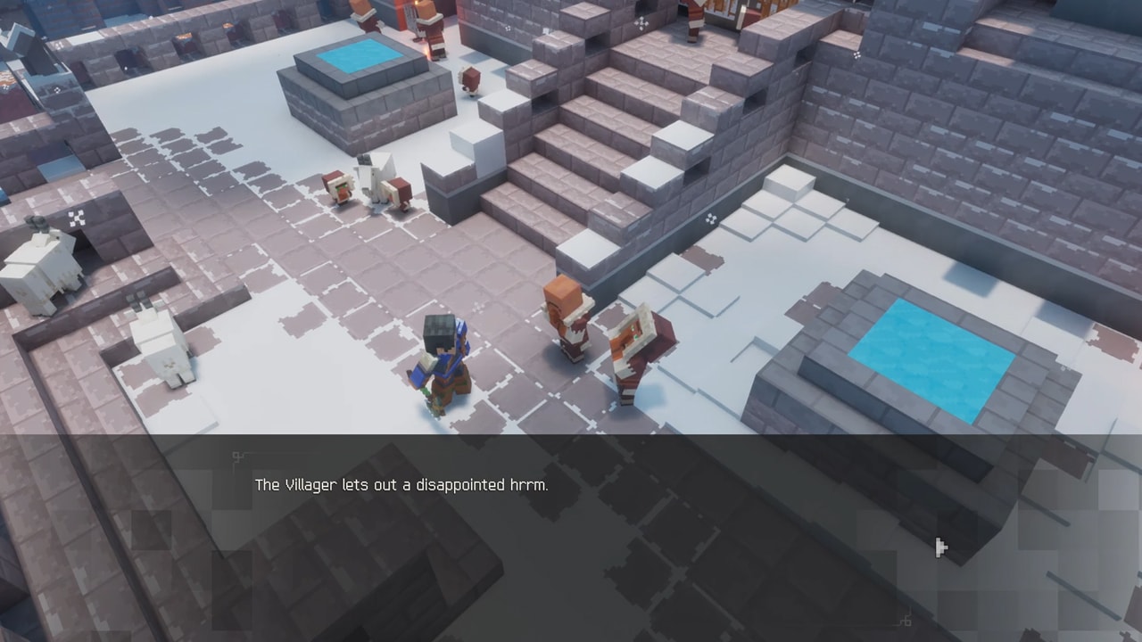 A screenshot of Minecraft Dungeons II showing a hero speaking with villagers in a snowy mountain settlement.