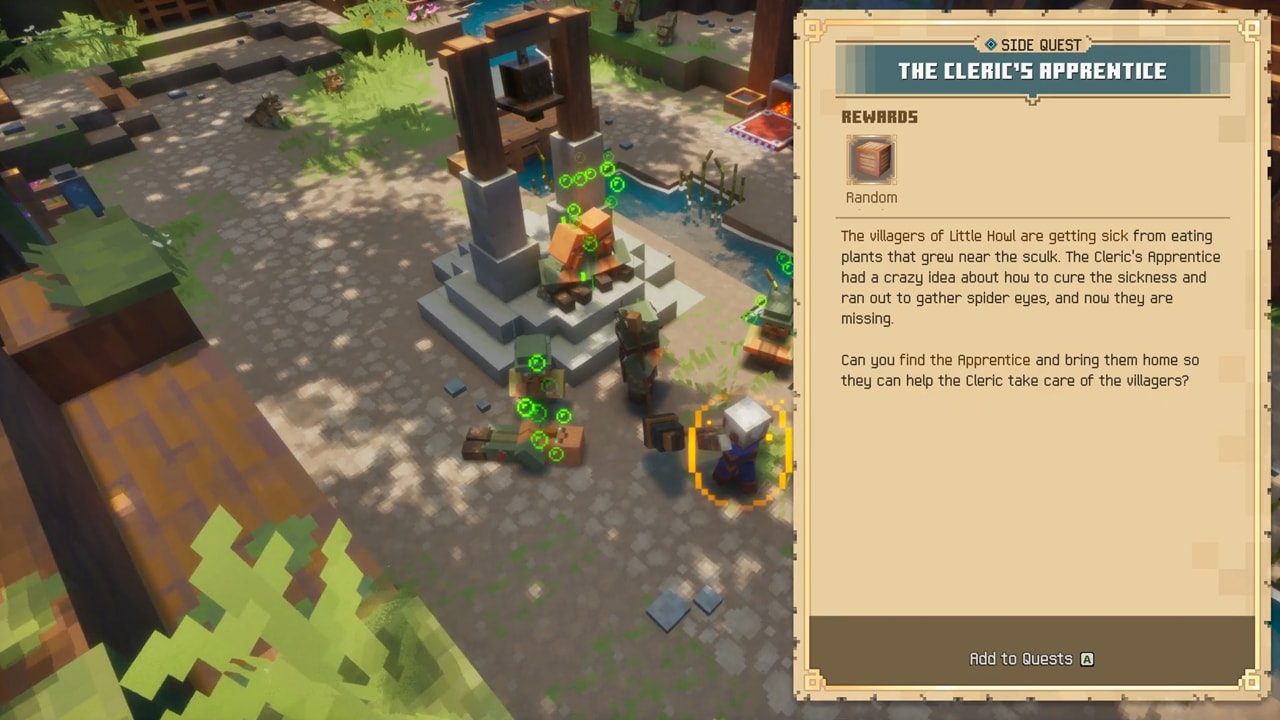 A screenshot of Minecraft Dungeons II showing the quest screen and the mission "The Cleric's Apprentice".