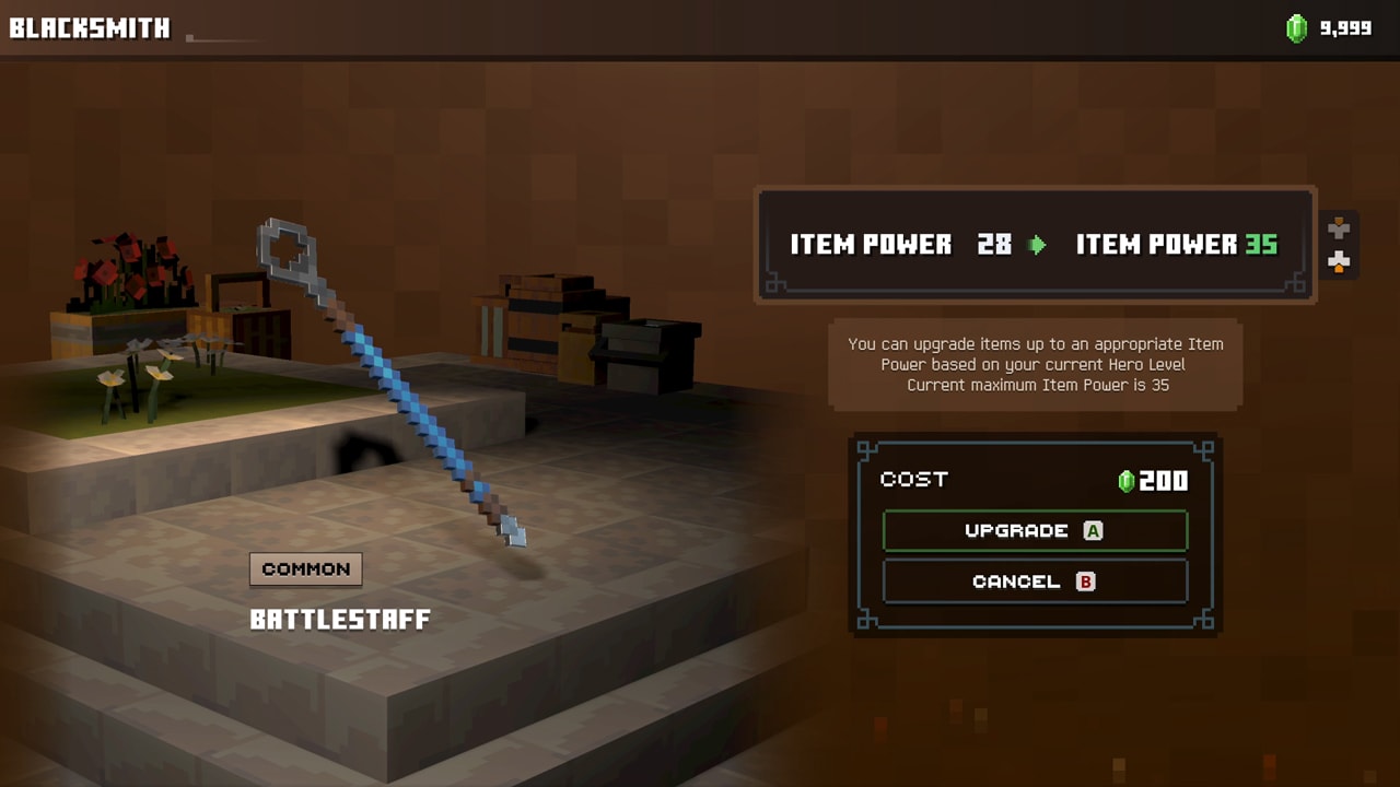 A Minecraft Dungeons II screenshot depicting the upgrade process of a battle staff.