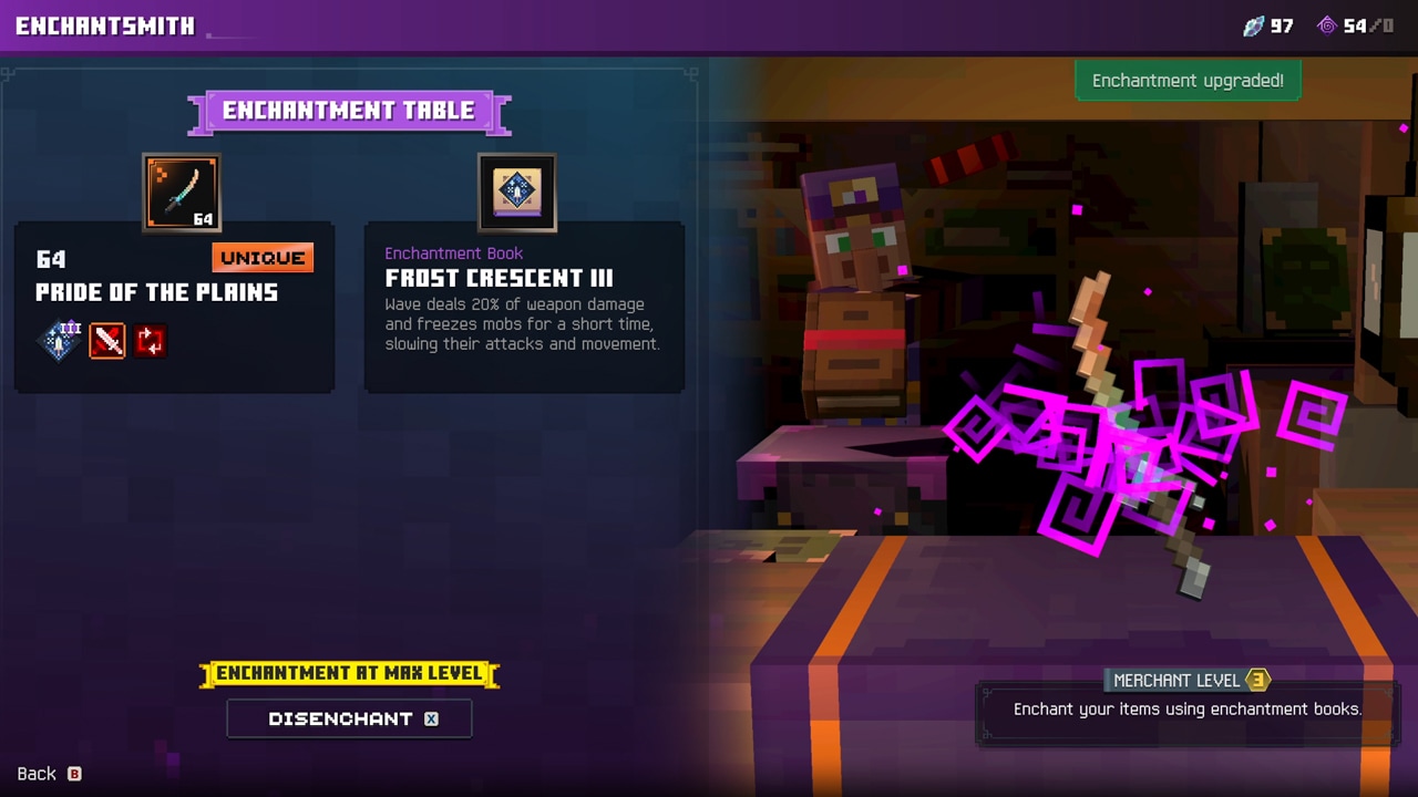 An in-game screenshot from Minecraft Dungeons II showing how the Enchantsmith upgrades a weapon using an enchantment book.