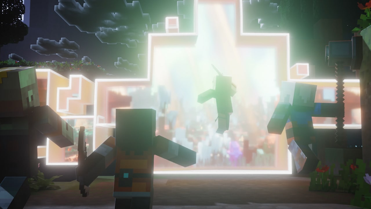 Four heroes in Minecraft Dungeons II, jumping into a colorful rift.