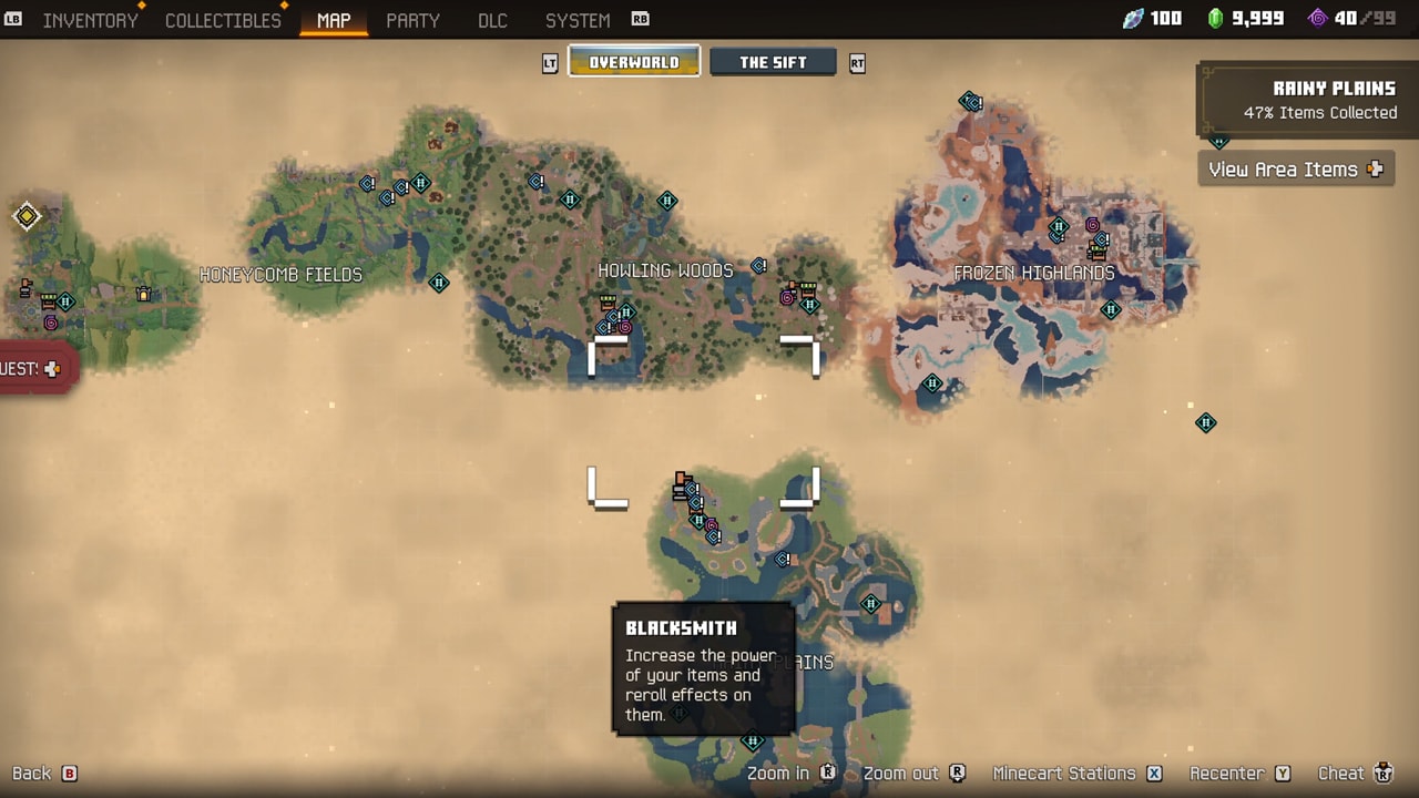 A world map of Minecraft Dungeons II, showing regions, quests, and discovered locations.