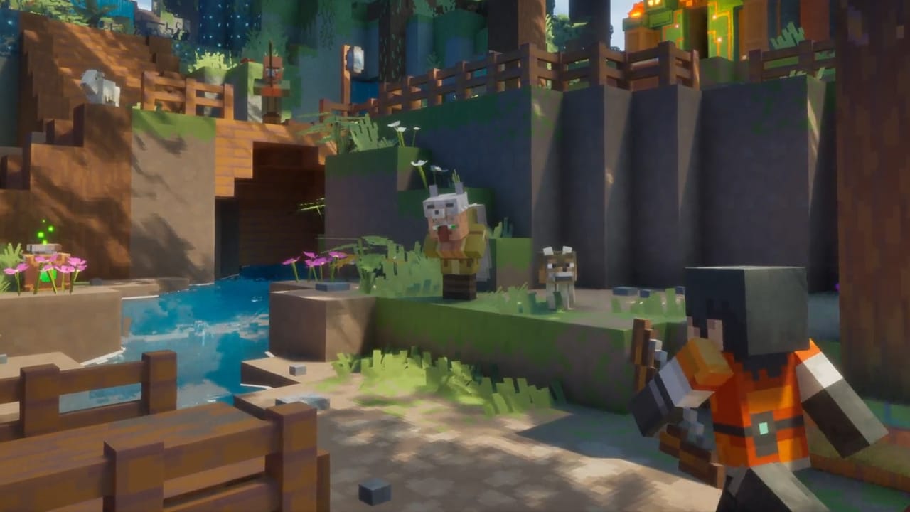 A screenshot of Minecraft Dungeons II, showing the character Ren entering a village beside a stream and woodland homes.