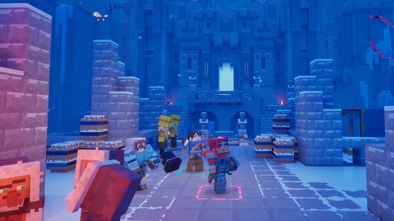 Three heroes - Valorie, Kellen, and Ren, gathered outside a frozen fortress. Villagers are seen in the foreground,.