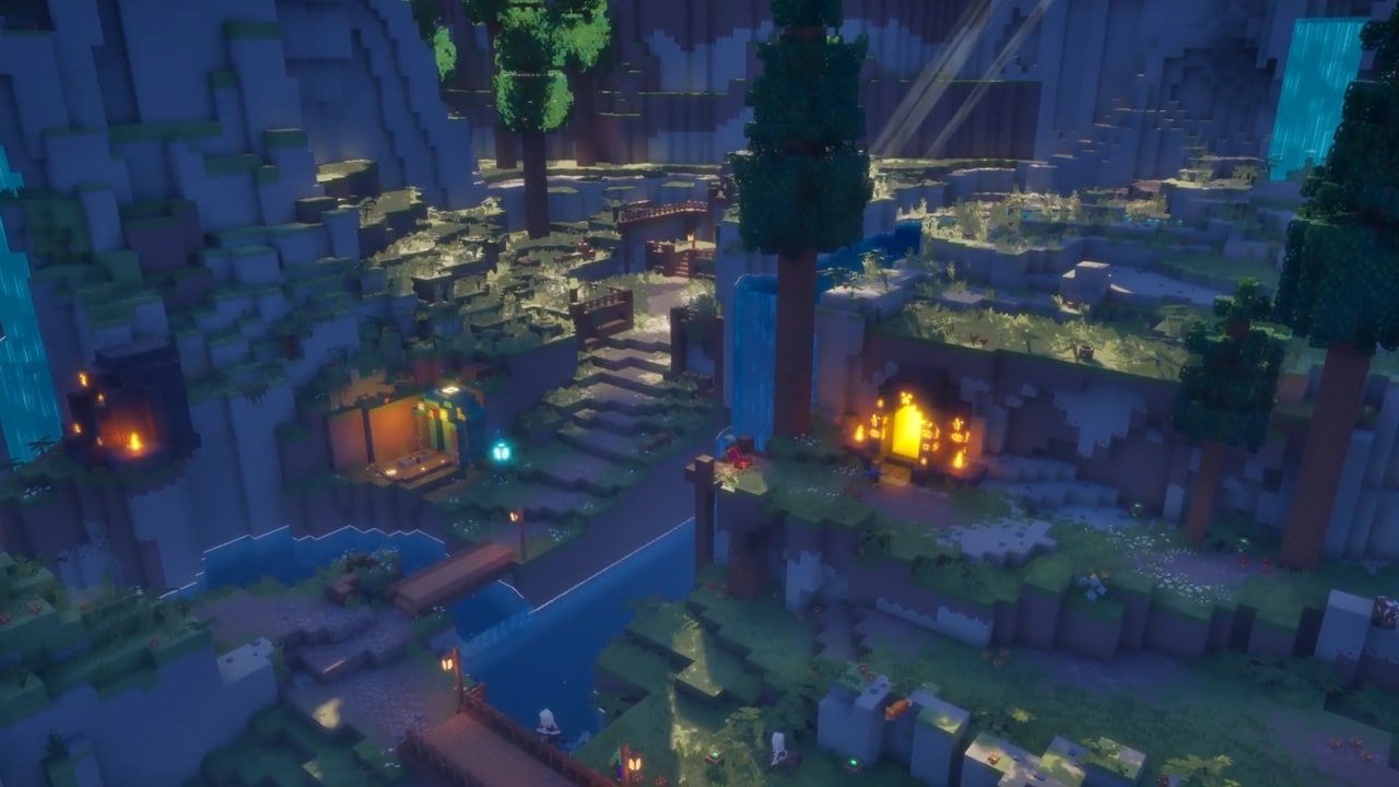 A peaceful valley hub during night, full of waterfalls, bridges, and glowing entrances.