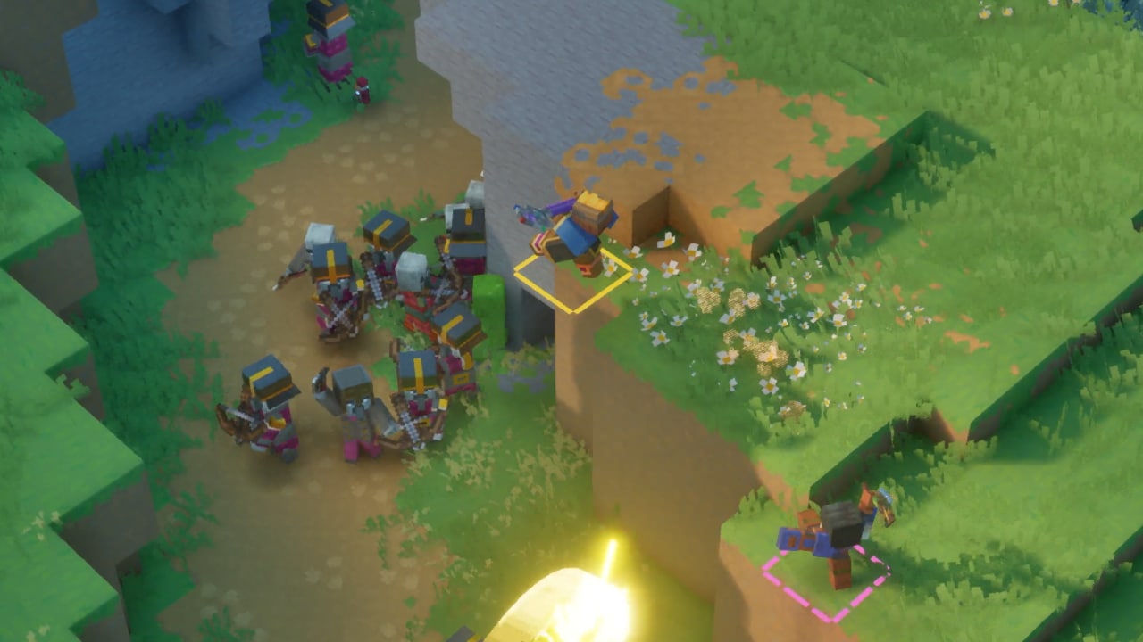 A Minecraft Dungeons II screenshot depicting a player character jumping from a cliff while performing a jump attack against a group of illagers.