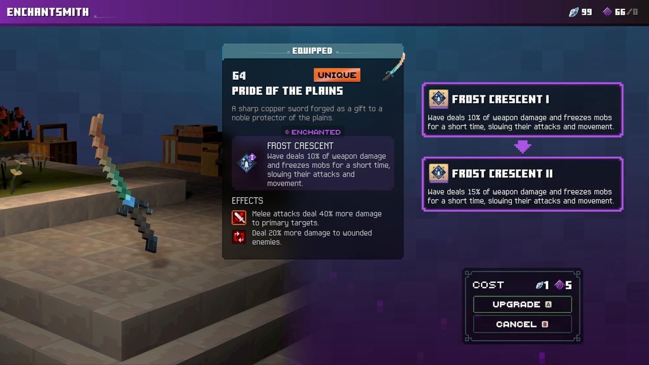 The Enchantsmith screen showing weapon enchantment upgrades.