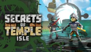 Secrets of Temple Isle 로고와 갑옷을 입은 주인공, 검을 든 적 캐릭터가 그려진 박스 아트