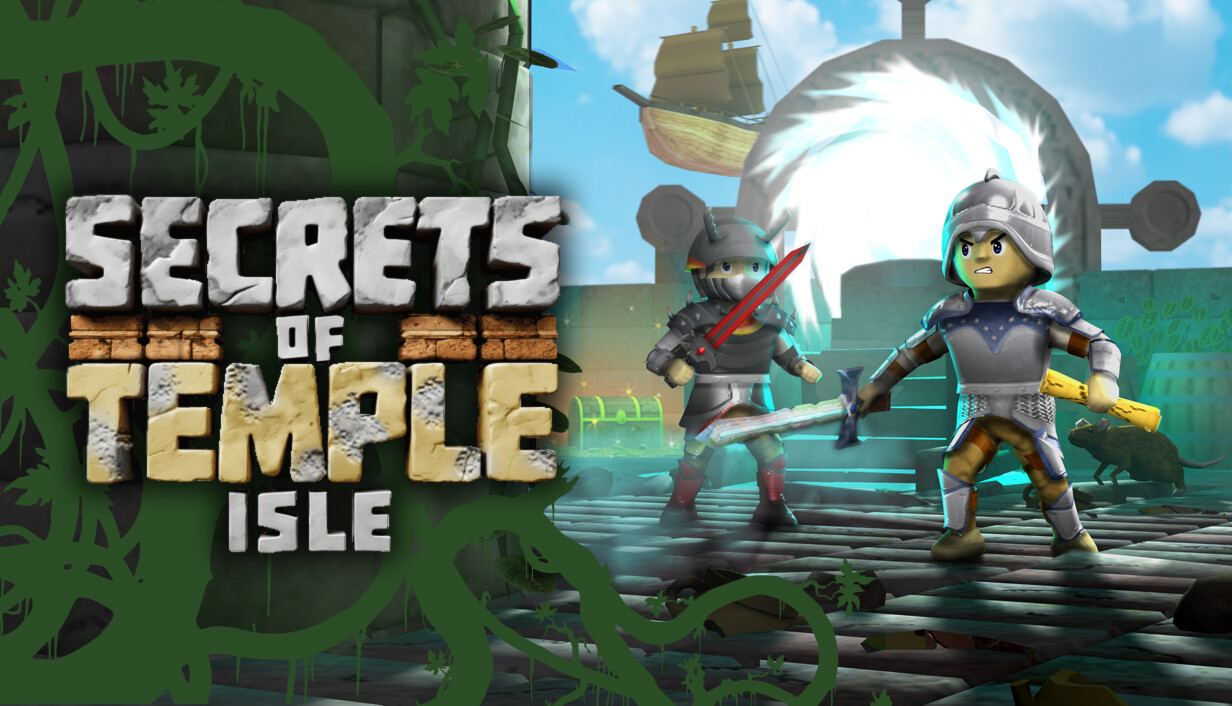 Secrets of Temple Isle 로고와 갑옷을 입은 주인공, 검을 든 적 캐릭터가 그려진 박스 아트