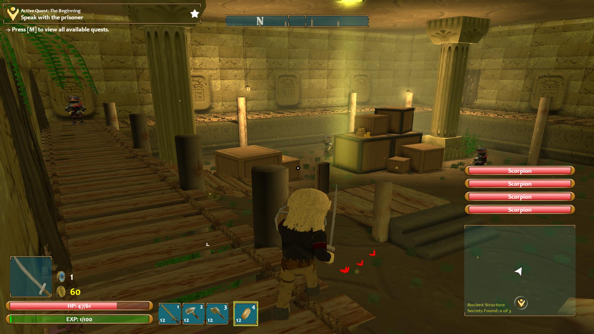 돌기둥과 나무 다리가 있는 고대 구조물 내부에 검을 든 주인공이 서 있는 Secrets of Temple Isle 게임 화면