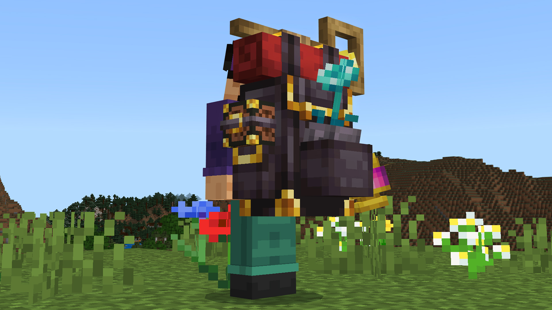 A Minecraft character seen from behind wears a large backpack loaded with gear and a diamond tool in a grassy field.