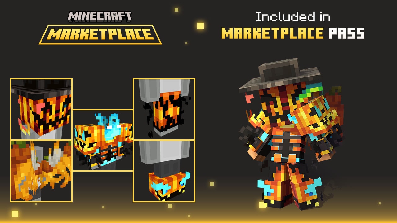Minecraft Marketplace graphic showing a character in pumpkin-inspired orange and black gear, with close-ups of matching cosmetic items. Included in Marketplace Pass.