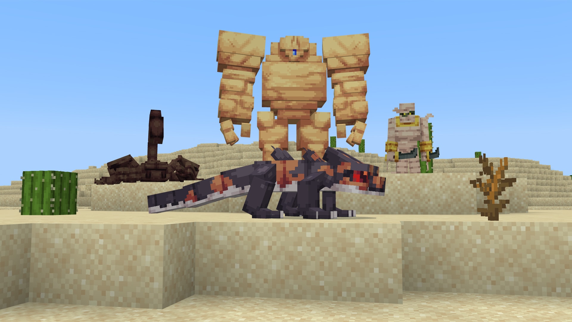 Fantasy creatures stand in a desert, including a large sandstone golem, armored figure, reptilian beast, and scorpion-like creature.