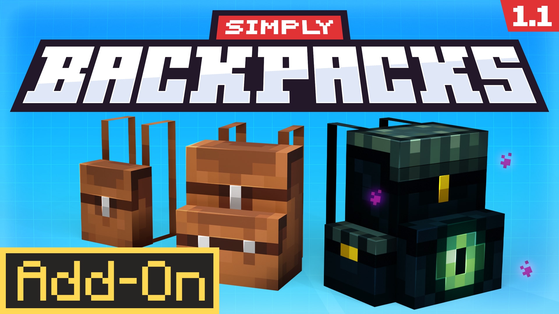 Simply Backpacks add-on artwork showing brown backpacks in different sizes beside a large black and green backpack.