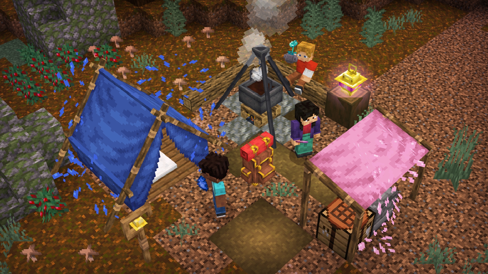 Four Minecraft characters gather at a campsite with a blue and pink tents, a cooking pot, lanterns, and a red backpack.