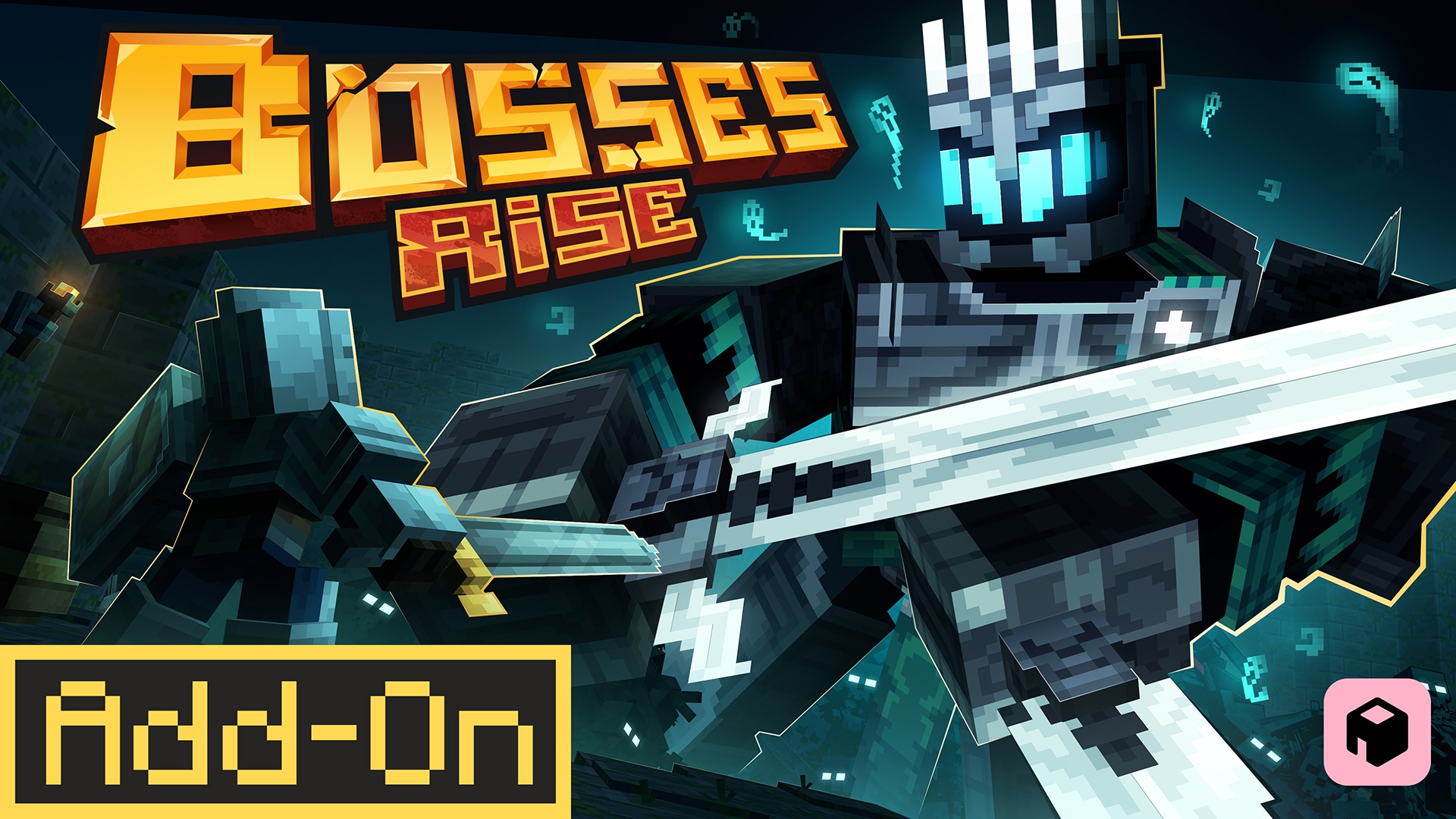 Bosses Rise add-on artwork showing a glowing armored boss with a huge sword battling an armored character.