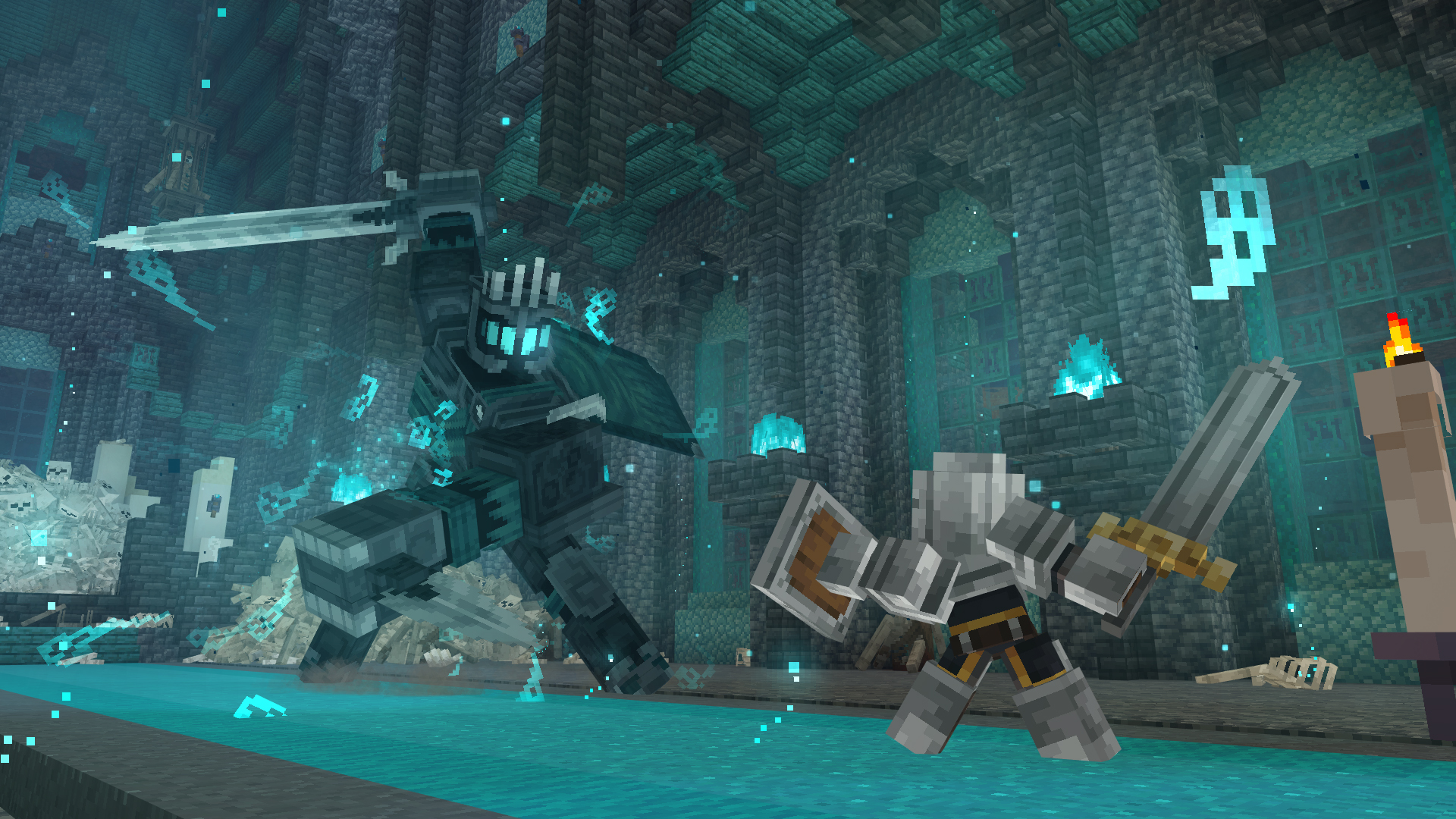 An armored character with a sword and shield battles a giant dark armored boss surrounded by glowing blue flames and souls.
