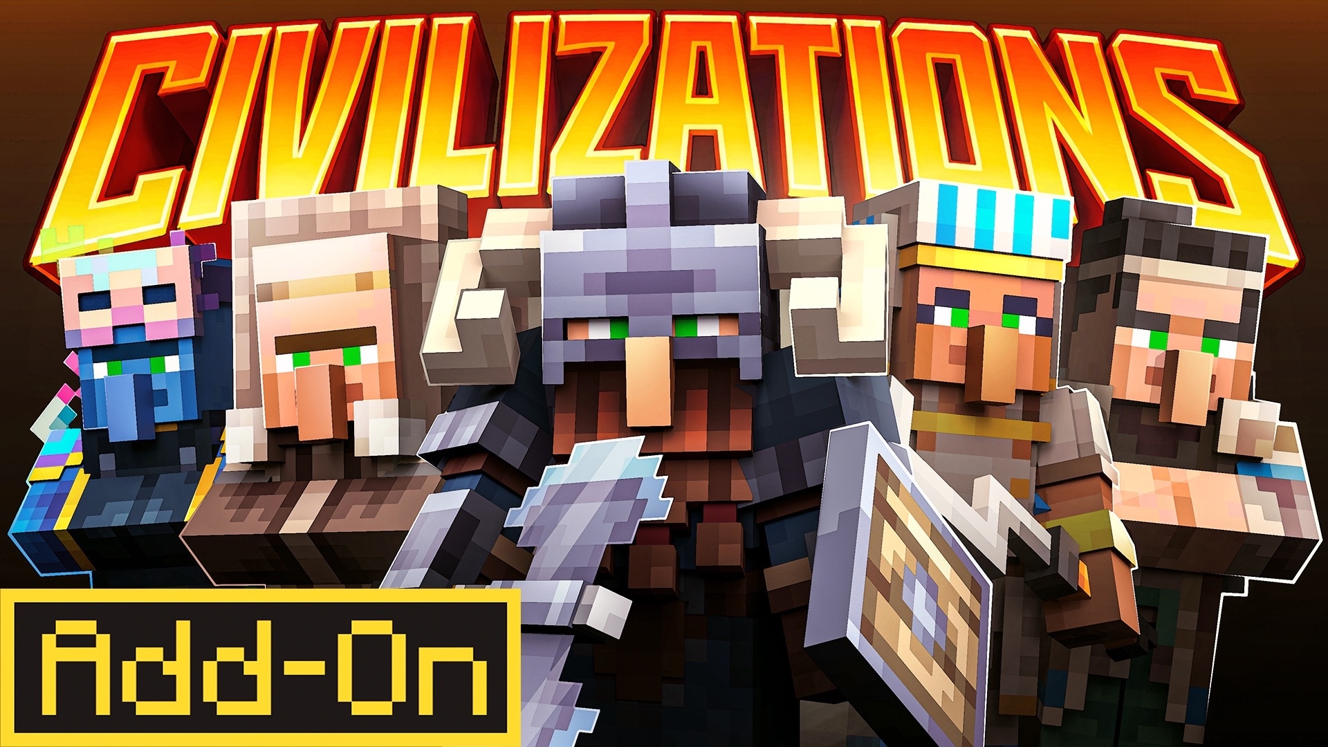 Civilizations add-on artwork featuring five Minecraft villagers in varied outfits.