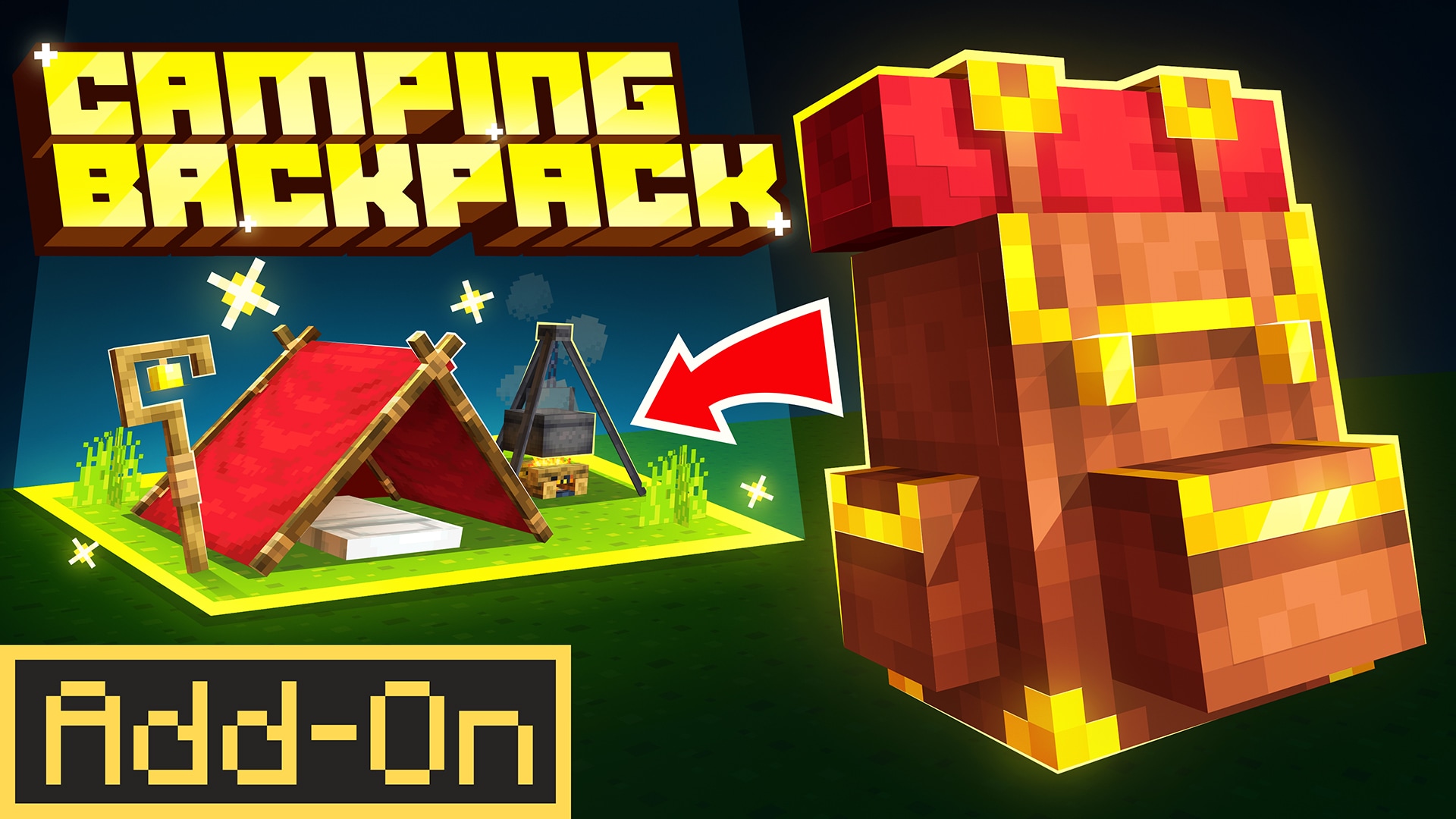 Camping Backpack add-on artwork showing a red backpack beside a red tent, lantern, bed, campfire, and cooking pot.