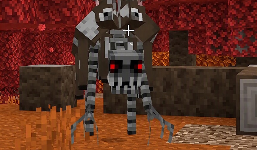 A tall skeletal creature with glowing red eyes, a skull-like face and long clawed arms stands in a red Nether forest in Minecraft.