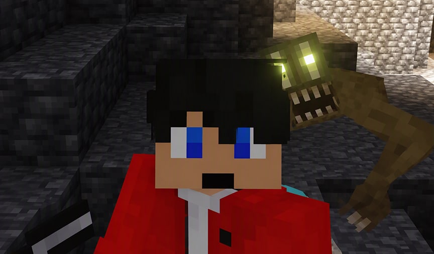 A surprised Minecraft character with black hair and a red jacket doesn't see the brown creature with glowing yellow eyes and sharp teeth creeping up behind them in a dark cave.